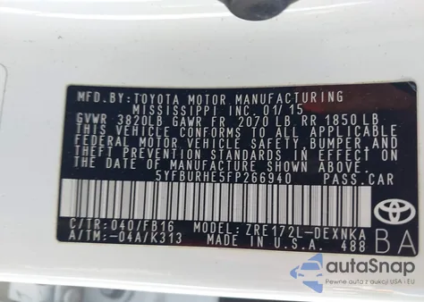 2015 Toyota Corolla Le из США, поврежденный, VIN 5YFBURHE5FP266940